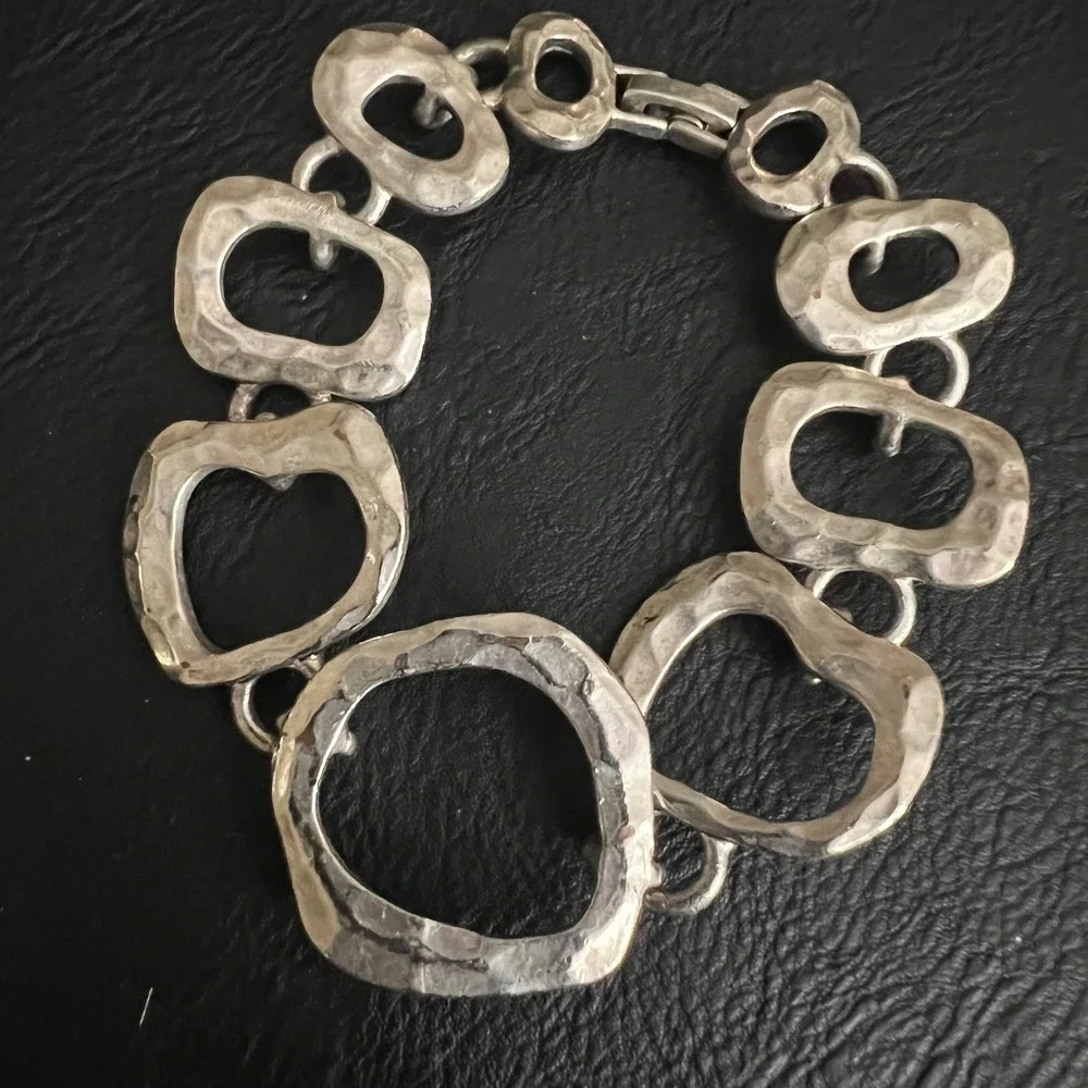 Vintage Silver Tone Hammered Brutalist Abstract Link Bracelet 7.5in Eclectic